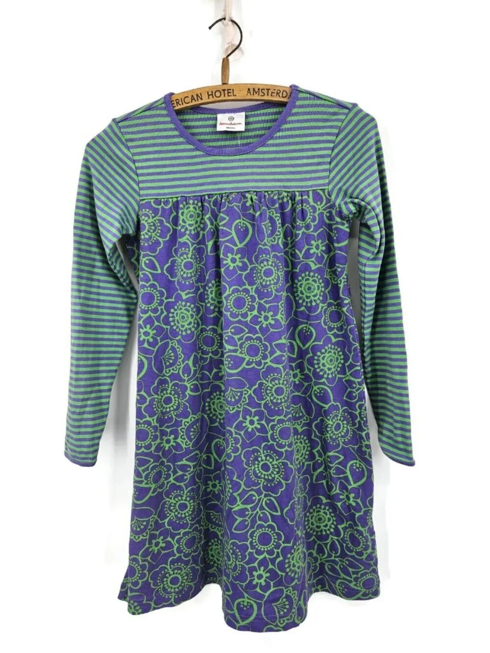 New Hanna Andersson Day Play Dress Size 140 9-11 Purple Green LS Floral Stripe